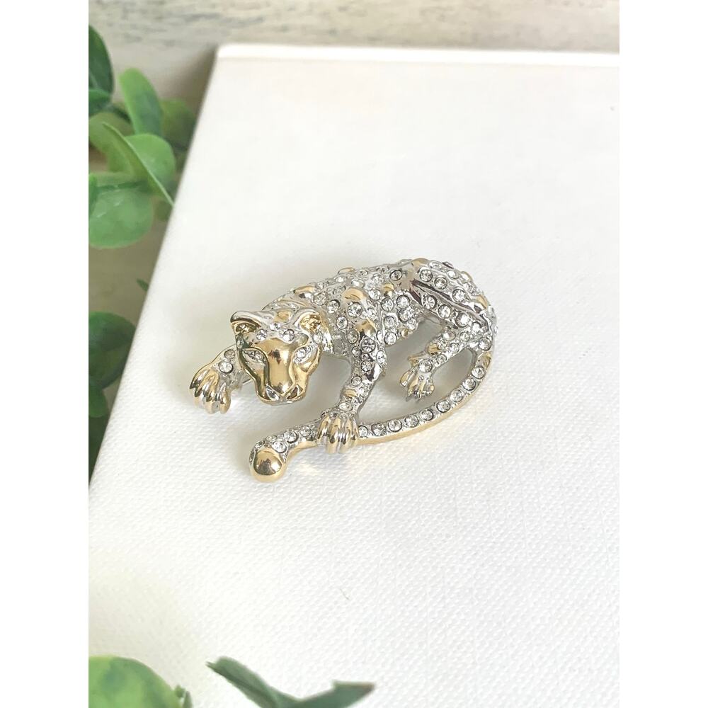 Rhinestone Leopard Brooch Two Tone Gold Silver Big Cat Pin Statement Jewelry